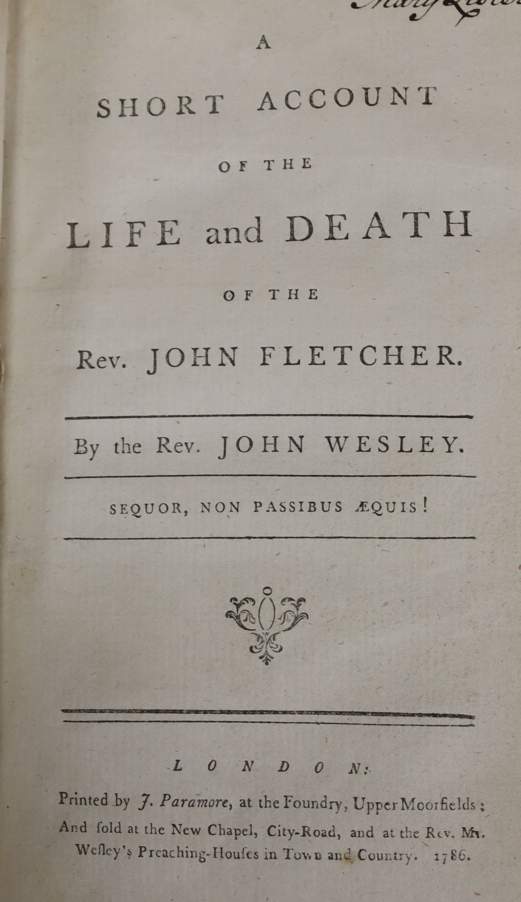 Old Leather - mainly religious, 18th and 19th century, includes Wesley's Life and Death of the Rev. John Fletcher (1786); La Liturgie.....des Prieres Publiques.....de L'Eglise Anglicanae.... (A La Haye, 1749); and 11 oth